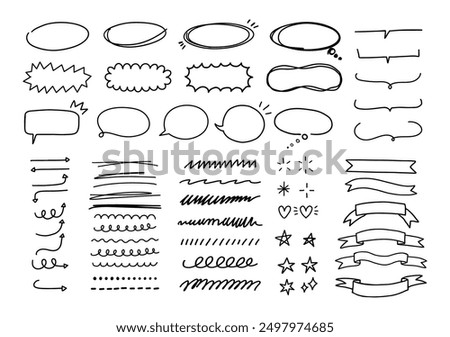 Doodle scribble. Sketch line frames and elements. Underline shapes, speech bubble, paint ink emphasis. Simple handwriting ribbons, stars, arrows. Hand drawn kids doodles, graffiti strokes vector set.