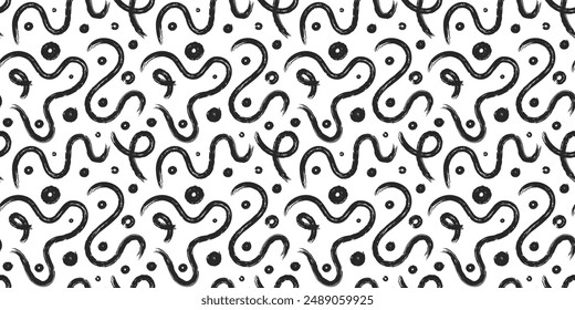 Doodle scribbles seamless pattern. Hand drawn marker curved lines and dots ornament. Black squiggles Abstract vector back, seamless texture for background, textile, wrapping paper