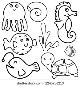 Doodle sea animals character set vector illustration, for graphic design elements and stickers, there are doodles of fish, coral and other sea animals, sea animals character cartoon art doodle style