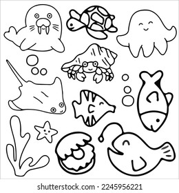 Doodle sea animals character set vector illustration, for graphic design elements and stickers, there are doodles of fish, coral and other sea animals, sea animals character cartoon art doodle style