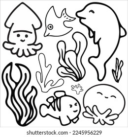 Doodle sea animals character set vector illustration, for graphic design elements and stickers, there are doodles of fish, coral and other sea animals, sea animals character cartoon art doodle style