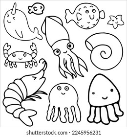 Doodle sea animals character set vector illustration, for graphic design elements and stickers, there are doodles of fish, coral and other sea animals, sea animals character cartoon art doodle style