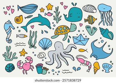 Doodle sea animals. Cute ocean life elements and marine fish, funny underwater wildlife characters, colorful cartoon aquarium creatures starfish crab turtle seahorse. Vector isolated set