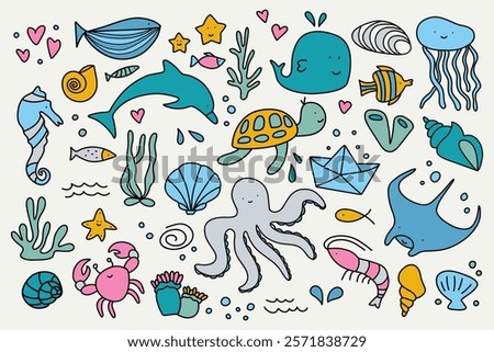 Doodle sea animals. Cute ocean life elements and marine fish, funny underwater wildlife characters, colorful cartoon aquarium creatures starfish crab turtle seahorse. Vector isolated set