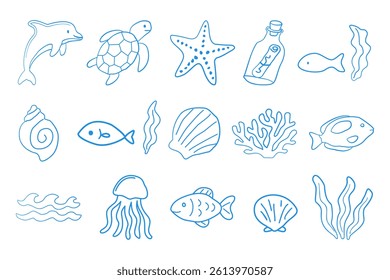 doodle sea animals set hand drawn style