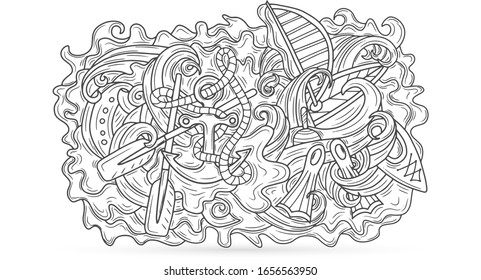 Doodle sea colorong with yacht, boat, paddle, flippers, seashell and wave. Outline antistress pattern. Vector stock illustration