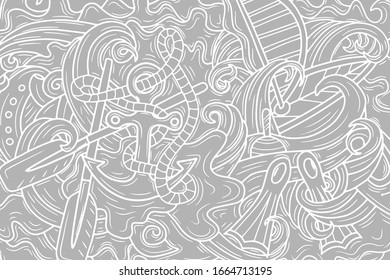 Doodle sea colorong with yacht, boat, paddle, flippers, seashell and wave. Outline antistress pattern. Vector stock illustration