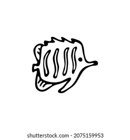 Doodle sea fish. Inhabitant of the coral reef. Animal of the ocean, seabed, aquarium. Hand drawn thin line art vector illustration. Isolated simple element.