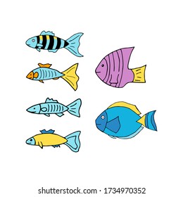 Doodle sea fish set. hand drawn of a kite isolated on a white background. Vector illustration