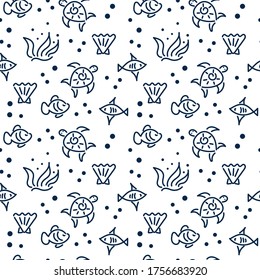 Doodle Sea floor, underwater world. Hand drawing seamless vector drawing. Fish, turtles, shells and seaweed on a white background.