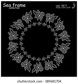 Doodle sea frames collection. Decorative nature vector set of elements for design: seaweed, coral, leaf, shell. Black and white. Illustration of simple  mandala, or lace 