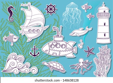 Doodle Sea - Hand drawn set of sea symbols, including sailing boat, submarine, dolphin, jellyfish, lighthouse and sea turtle