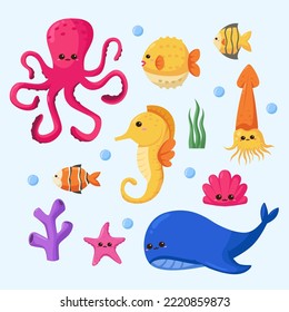 Doodle sea life fish animal collection set decoration for education element