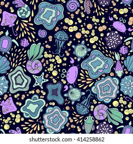 Doodle sea life seamless pattern. Colorful hand drawn marine animals  background. 