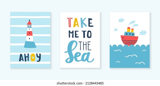 Doodle sea nursery poster set with lettering. Cartoon watercraft baby prints for wall art and apparel.