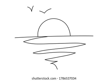 Doodle Sea or ocean landscape. Lineart Sun over the sea, ocean and a flying bird. Dawn or sunset hand drawn in line art style.Vector illustration isolated on white.For print,postcards,posters,book