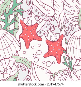 Doodle sea seamless pattern with starfish and shells in vector. Colorful underwater background