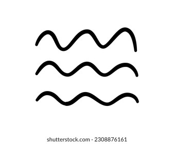 Doodle sea wave icon. Hand drawn simple wavy line. Sea storm scribble icon. Ocean water flow curve sketch. Aqua doodle symbol. Vector illustration isolated on white background.