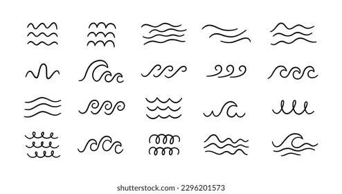 Doodle sea wave icons. Hand drawn simple wavy lines. Sea storm scribble icons set. Ocean water flow curve sketch. Aqua doodle symbols. Vector illustration isolated on white background.