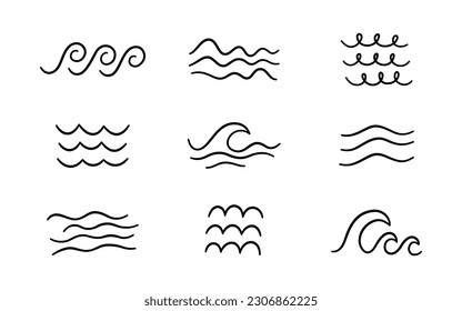 Doodle sea wave icons. Hand drawn simple wavy lines. Sea storm scribble icons set. Ocean water flow curve sketch. Aqua doodle symbols. Vector illustration isolated on white background.