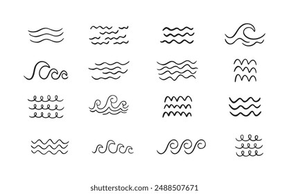 Doodle sea wave icons. Sea hand drawn storm scribble icons set, simple wavy lines. Ocean water flow curve sketch. Aqua doodle symbols isolated on white background. Vector illustration