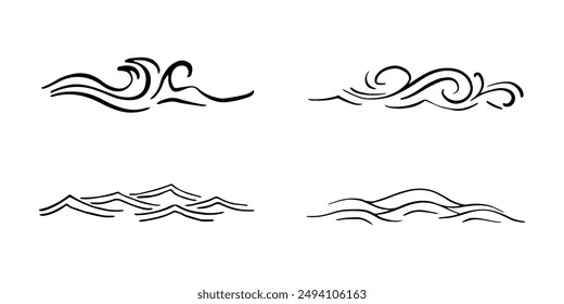 Doodle sea wave icons. Hand drawn simple wavy lines. Sea storm scribble icons set. Ocean water flow curve sketch. Aqua doodle symbols. Vector illustration isolated on white background.