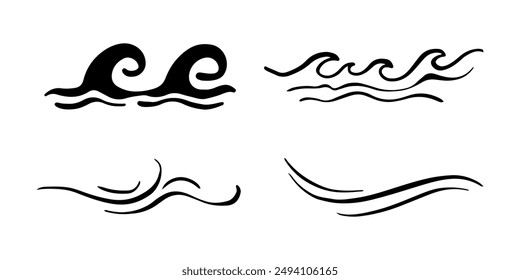 Doodle Sea Wave Icons. Von Hand gezeichnete einfache Wellenlinien. Sea Storm Kritzelsymbole gesetzt. Skizze der Meereswasserflusskurve. Aqua-Doodle-Symbole. Vektorillustration isoliert auf weißem Hintergrund.