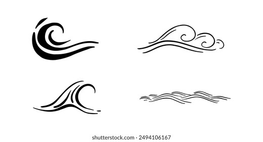 Doodle Sea Wave Icons. Von Hand gezeichnete einfache Wellenlinien. Sea Storm Kritzelsymbole gesetzt. Skizze der Meereswasserflusskurve. Aqua-Doodle-Symbole. Vektorillustration isoliert auf weißem Hintergrund.