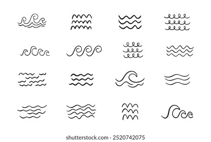 Doodle sea wave icons. Sea hand drawn storm scribble icons set, simple wavy lines. Ocean water flow curve sketch. Aqua doodle symbols isolated on white background. Vector illustration