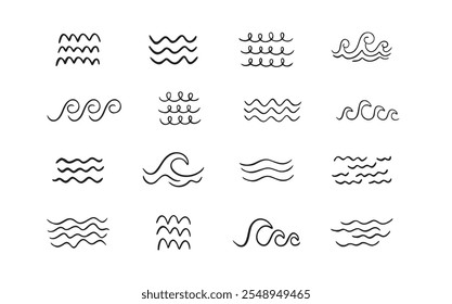 Doodle sea wave icons. Sea hand drawn storm scribble icons set, simple wavy lines. Ocean water flow curve sketch. Aqua doodle symbols isolated on white background. Vector illustration