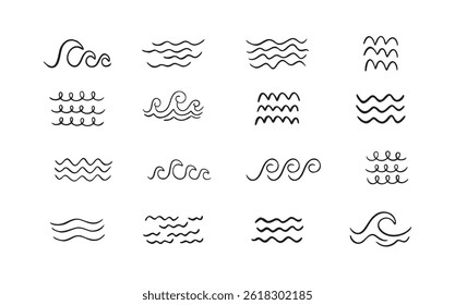 Doodle sea wave icons. Sea hand drawn storm scribble icons set, simple wavy lines. Ocean water flow curve sketch. Aqua doodle symbols isolated on white background. Vector illustration