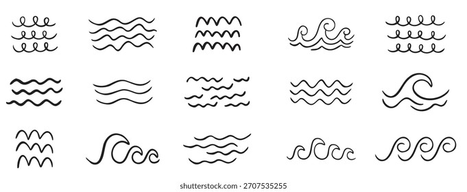 doodle sea wave icons sea hand drawn storm scribble icons set simple wavy lines ocean water flow