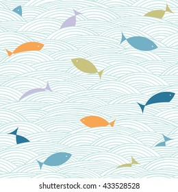 Doodle sea waves and fishes pattern. Nautical background. Vector seamless wallpaper.
