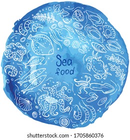 Doodle seafood on blue watercolor background. Vector illustration. Perfect for dessert menu or food package design.