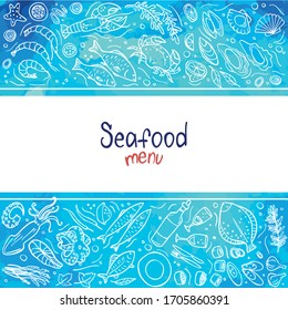 Doodle seafood on blue watercolor background. Vector illustration. Perfect for dessert menu or food package design.