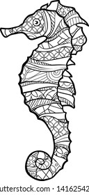 Doodle Seahorse in zentangle inspired style. Coloring book for adult and older children. Art vector stylized illustration.