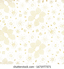 Doodle seamless abstract hand drawn drop pattern in floral shape with hand painted irregular gold drops on white background. Graphic, modern design. Fireworks, new year, celebration.
