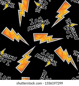 Doodle seamless abstract pattern with slogan and arrows. Bright colors.  Repeated backdrop for  fashion clothes, t shirt, child, paper. Creative original design  . Isolated on black