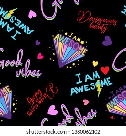 Doodle seamless abstract pattern with slogan . Bright colors.  Repeated backdrop for  fashion clothes, t shirt, child, paper. Creative girlish original design .  on Black