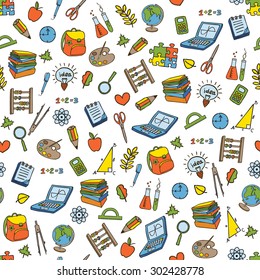 Doodle seamless Back to School pattern. Education, learning, school supply sale concept. Design element for wallpapers, web site background, scrapbooking, fabric print etc. Vector illustration.