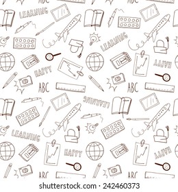 Doodle seamless background about education and learning  including  plane; ruler; pencil; notebook; planet; camera; brush; paint; pen; magnifying glass; schedule; calendar; tablet; light