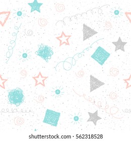 Doodle seamless background. Abstract childish blue, grey and pink shapes pattern for card, invitation, wallpaper, album, scrapbook, holiday wrapping paper, textile fabric, garment, t-shirt etc.