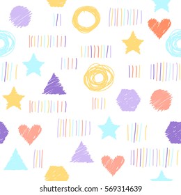 Doodle seamless background. Abstract childish shapes pattern for card, invitation, wallpaper, album, scrapbook, holiday wrapping paper, textile fabric, garment, t-shirt etc