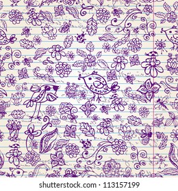 doodle seamless background with birds and flowers