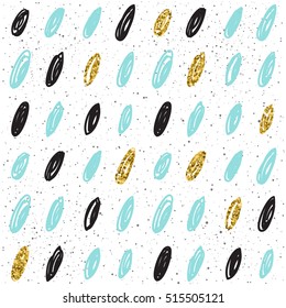 Doodle seamless background. Black, blue and gold shape. Abstract seamless pattern for card, invitation, poster, banner, placard, diary, album, sketch book cover etc. Golden glitter texture. 