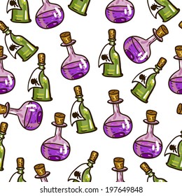 Doodle Seamless background with chemical flasks, medicines Vector Design Element.