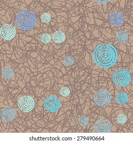 Doodle seamless background with circles and abstract shapes. A pattern of circles and rings. Radial shape retro style with grunge.Rapport from small parts. A blank for print tissue wrapping paper.