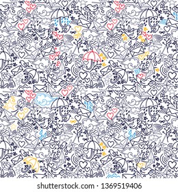 Doodle seamless background with different objects in sketch style, vector illustration