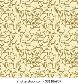 Doodle seamless background with farm animals