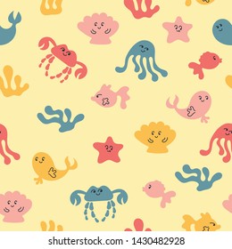 Doodle seamless background with fish, octopuses, crabs, starfish, dolphins, whales. Kawaii characters. Bright color. Vector illustration